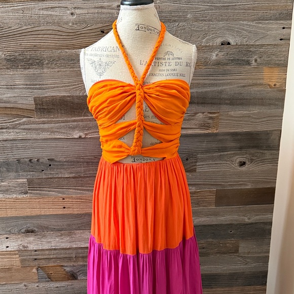 farm RIO Macaw Scarf Cut Out Maxi Dress in Color Block Multi Size Small NWT - Picture 3 of 14